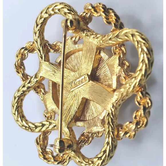 Monet Brooch Vintage Open Textured Goldtone Metal Work Round Dome Center 1980s - Picture 6 of 8